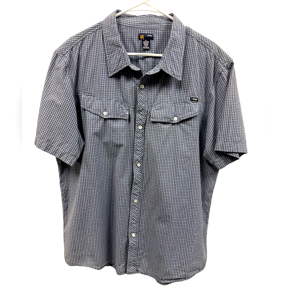 Y2K Etnies Skater Blue White Cotton Button Up Short Sleeve Pocket Shirt Mens XL
